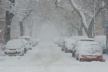Winter weather. The concept of a storm warning. Snow