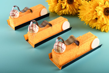 Passion fruit and mango mousse cake dessert