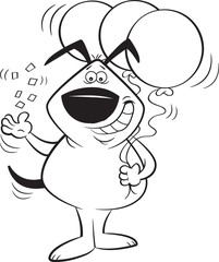 Black and white illustration of a dog tossing confetti and holding balloons.