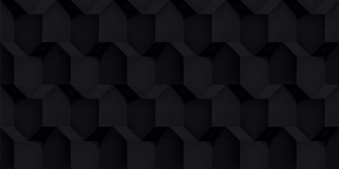 Volume realistic vector cubes texture, black geometric seamless pattern, design dark background for you projects 
