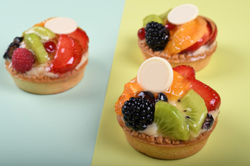 Fruit tart isolated on colorful background