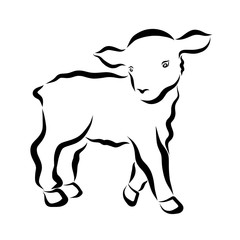 Walking little lamb with wavy hair, black outline