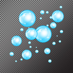 Realistic soap bubbles with rainbow reflection set isolated on the black transparent background.