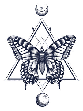Butterfly tattoo and t-shirt design. Butterfly in triangle, at top is half moon with star, at bottom is full moon.