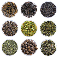collection of green tea top view close-up set isolated on white background