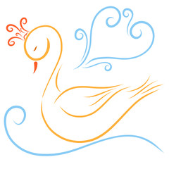 Beautiful swan in the crown, floating on the wave, the heart of curls