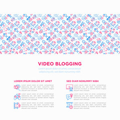 Fototapeta na wymiar Video blogging concept with thin line icons: vlog, ASMR, mukbang, unboxing, DIY, stream game, review, collaboration, podcast, tips and tricks. Vector illustration, print media template.