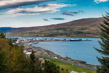 Fototapeta na wymiar Akureyri, Iceland, September 2017, Landscape around the port of Akureyri 