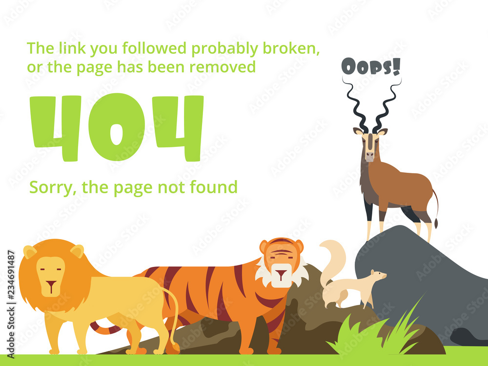 Aufkleber error 404. not found web site page with warning message. vector template with wild animals illustrat