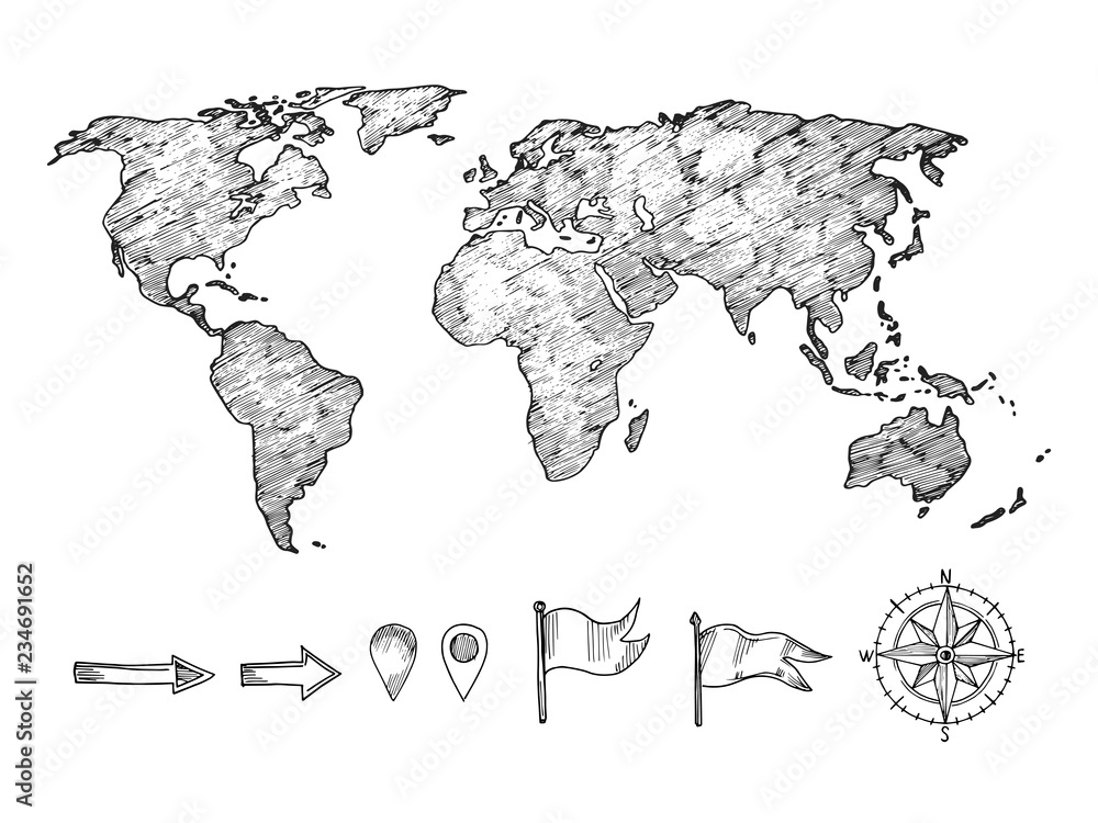 Poster sketched style world map and navigation elements vector illustration isolated on white