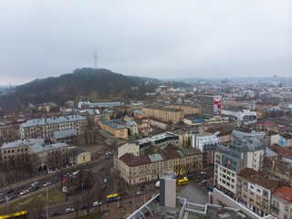 european city in mist weather. birds eye view