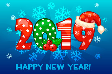 Cartoon greeting banner in the year 2019 on snow background. Vector illustration Happy New Year.