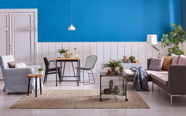 Decorative modern living room carpet sofa and armchair style. interior.
