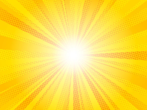 Comic Yellow Sun Rays Background Pop Art Retro Vector Illustration Kitsch Drawing.