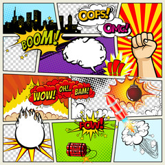 Comics Template. Vector Retro Comic Book Speech Bubbles Illustration. Mock-up of Comic Book Page with place for Text, Speech Bubbls, Symbols, Colored Halftone Background and Superhero