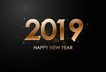 Happy New Year 2019 winter holiday greeting card design template. Party poster, banner or invitation gold glittering stars confetti glitter decoration. Vector background with golden gift bow