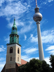 The Marienkiche Church and the Fernsehturm communications tower in the Alexanderplatz area of...