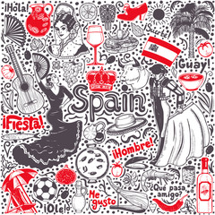 Set of Symbols of Spain in Hand-Drawn Style