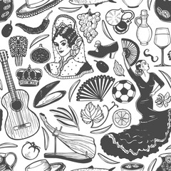 Naklejka premium Pattern with Spanish Symbols in Hand-Drawn Style