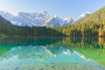 Wonderful lake between forest and mountains
