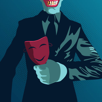 danger betrayal businessman in vector illustration, businessman hold on mask in concept of business trap