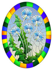 Illustration in stained glass style flower of  Taraxacums on a sky  background in a bright frame,oval  image