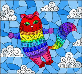 Stained glass illustration with cartoon rainbow cat on the background of the sky and clouds