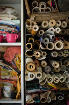 Fabric and paper on studio shelf