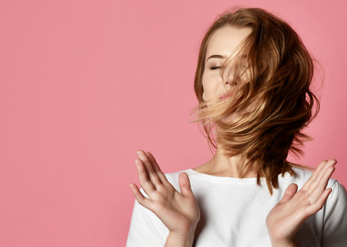 Emotional Woman Shake A Head Screaming Shouting Yelling Closeup Portrait On Pink Background