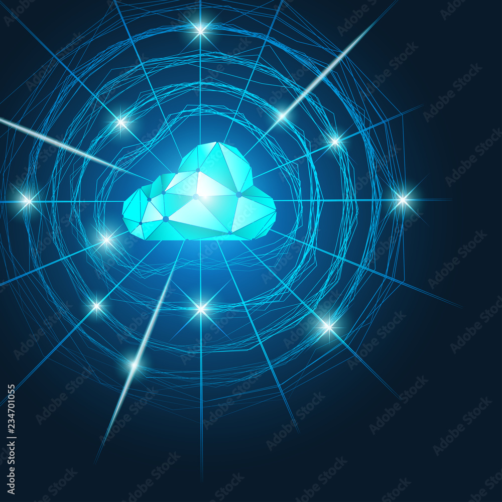 Poster concept of cloud computing technology, spider web combined with cloud technology symbol