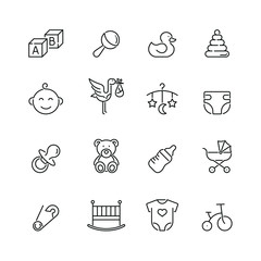 Baby related icons: thin vector icon set, black and white kit