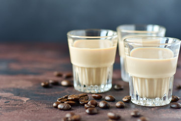  Cold latte coffee in a bar in Italy with coffee beans, chocolate chips and dark chocolate pieces