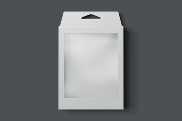 Cardboard box and shopping bag with black handles on wooden shelf, 3d rendering.