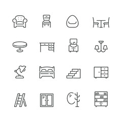 Furniture related icons: thin vector icon set, black and white kit