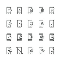 Smartphone related icons: thin vector icon set, black and white kit