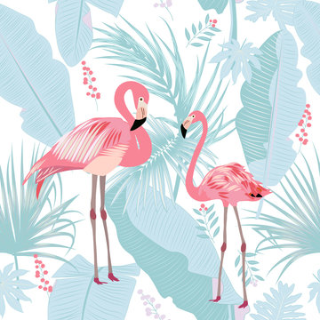 Seamless pattern of flamingo, leaves monstera. Tropical leaves of palm tree and flowers.