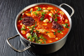 hearty Fabada Asturiana Bean Stew, close-up