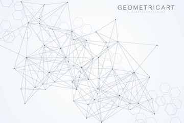 Geometric abstract background with connected line and dots. Structure molecule and communication. Big Data Visualization. Medical, technology, science background. Vector illustration.