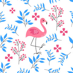vector pattern of flamingo and leafs with white background