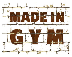 Made In GYM, sport fitness gym quote printed on stylized brick wall. Textured inscription for your design. Vector