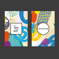 Set of creative universal artistic cards. Designs for prints, wedding, anniversary, birthday, Valentine's day, party invitations, posters, cards, etc. Vector. Isolated.