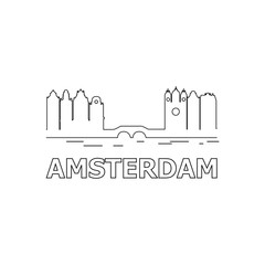 Amsterdam skyline and landmarks silhouette black vector icon. Amsterdam panorama. Netherlands