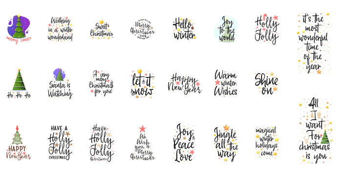 Slogans for the new year. Christmas posters for an interior or for t-shirts. Modern style calligraphy and lettering 3d stars.