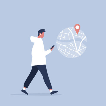 man walking, using phone, map location clip art preview