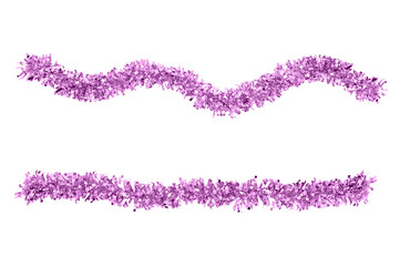 Christmas purple tinsel for decoration. White isolate