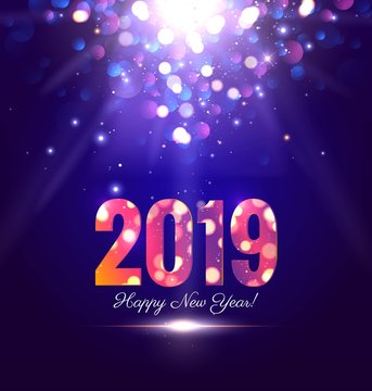 Happy new year 2019 sparkling background with magic lights. Vector illustration