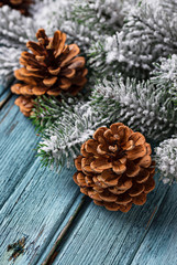 Christmas or New year festive background with pine cones