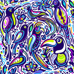 Vector seamless pattern. Exotic bird, tropical jungle