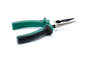 Long nose pliers with black and green isolated handles on white background. Tool isolated on white, side view.