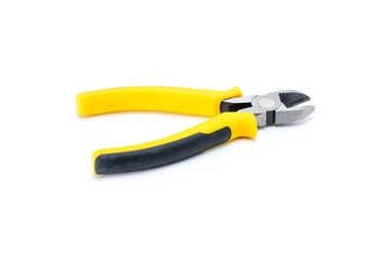 Side cutters with black and yellow isolated handles on white background. Tool isolated on white, side view.